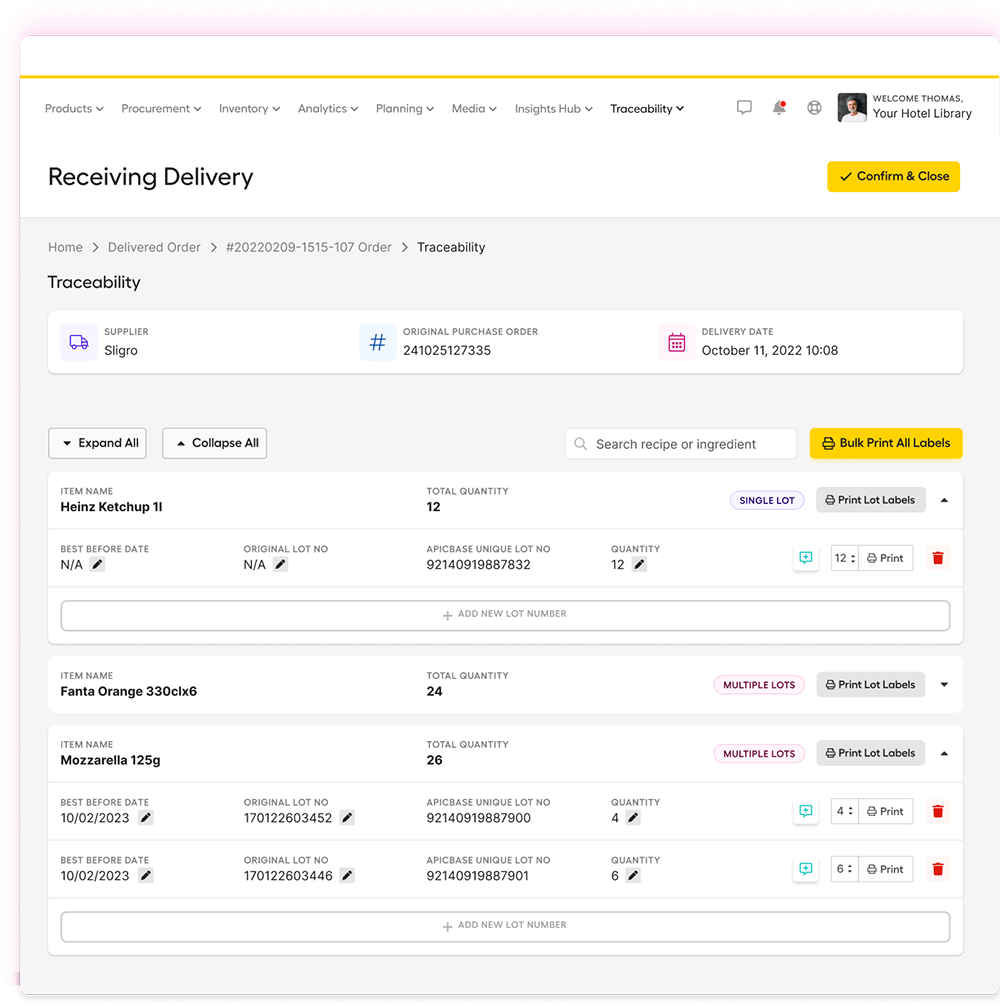 screenshot of Apicbase Food Traceability